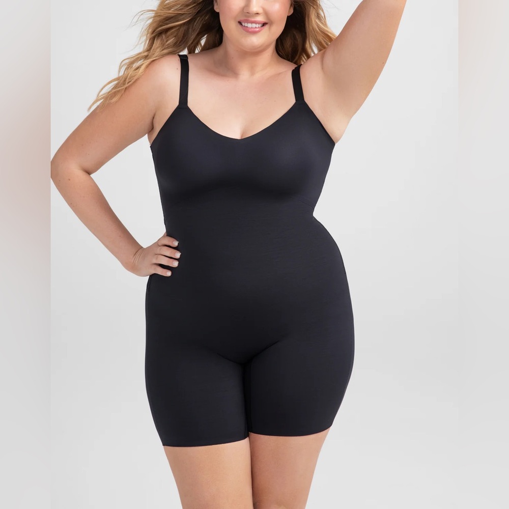 Honeylove Mid Thigh Black Built In Padded Bra Tank Shapewear Bodysuit Size 1X